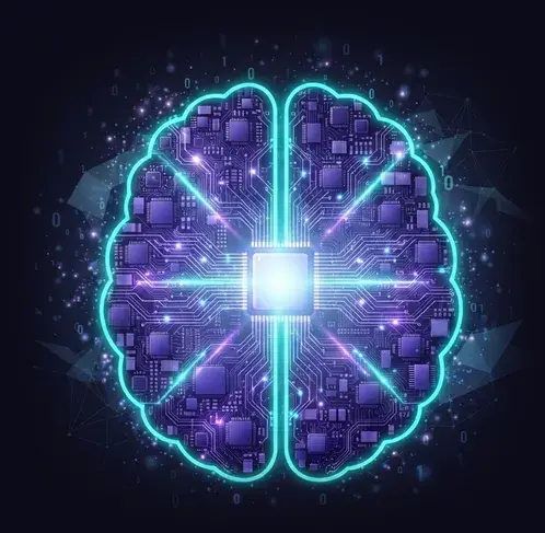 A glowing digital AI brain built from a circuit board with a central processor, in violet and teal.